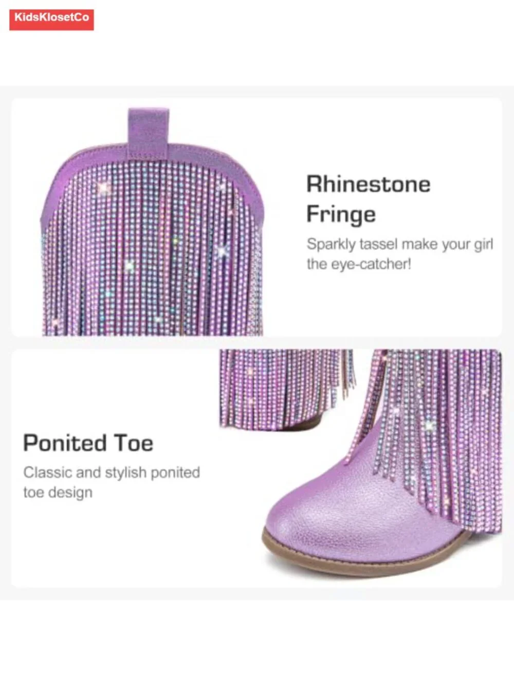 Rhinestone Fringe Cowgirl Boots Girls Mid Calf Pointed Toe Pull On